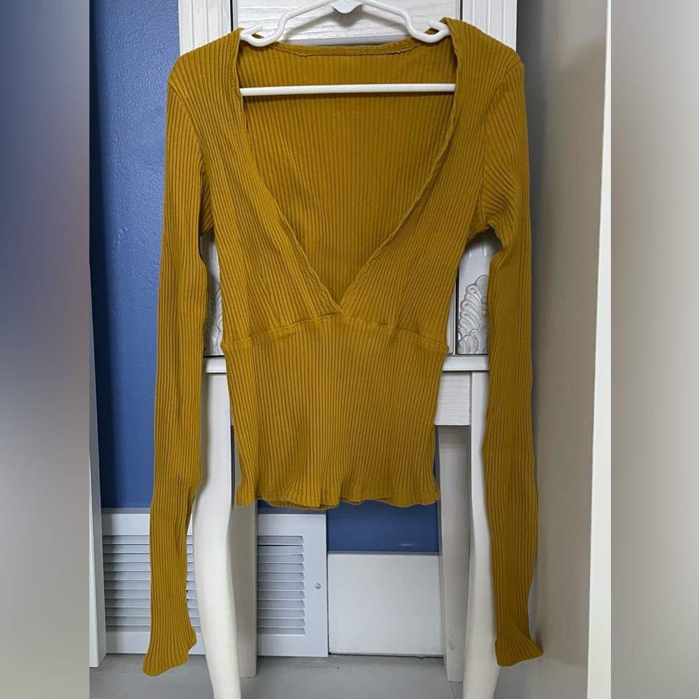 Gold mustard long sleeve deep plunge ribbed very fitted slim fit V top